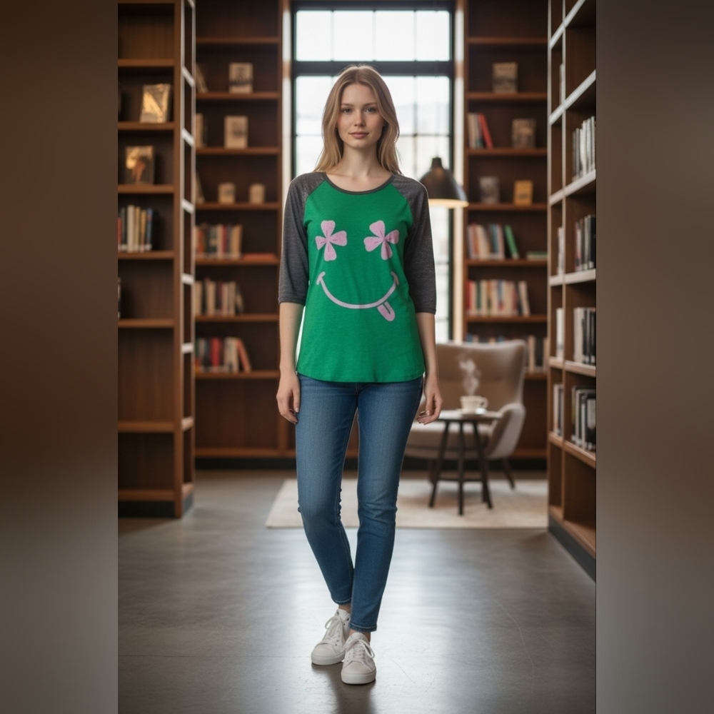 L.O.L Vintage Womens Lucky Clover Smiley Face Graphic Raglan Tee EUC Size M